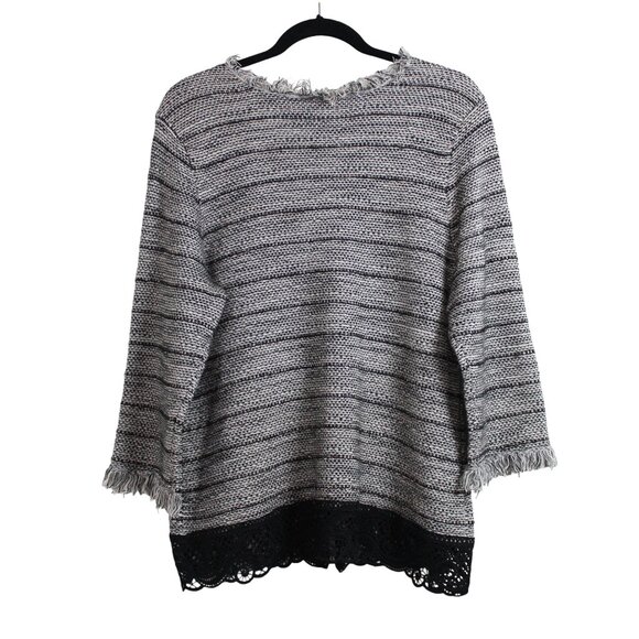 Chico’s Grey Black Lace Fringes Open Front Sweater - Picture 2 of 16